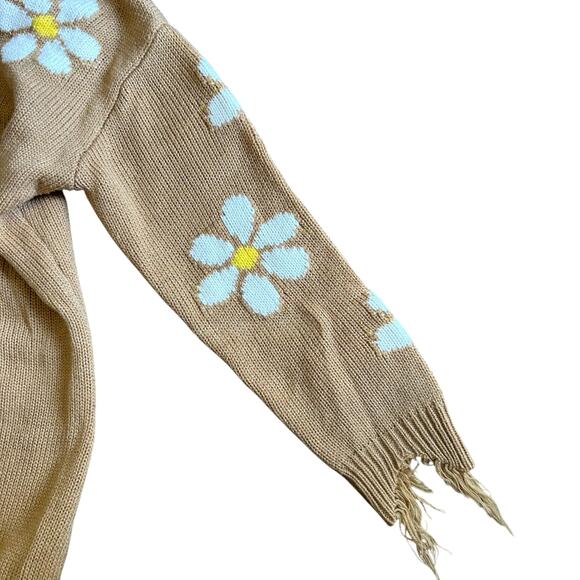 Just Polly New York Brown w/ Daisy Sweater SZ L Distressed V-neck Raw Edge - Picture 9 of 10